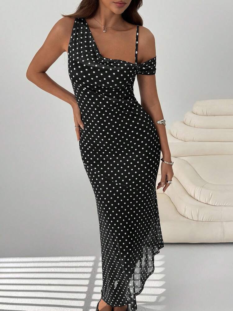 Women Black Polka Dot One Shoulder Bodycon Maxi Dress