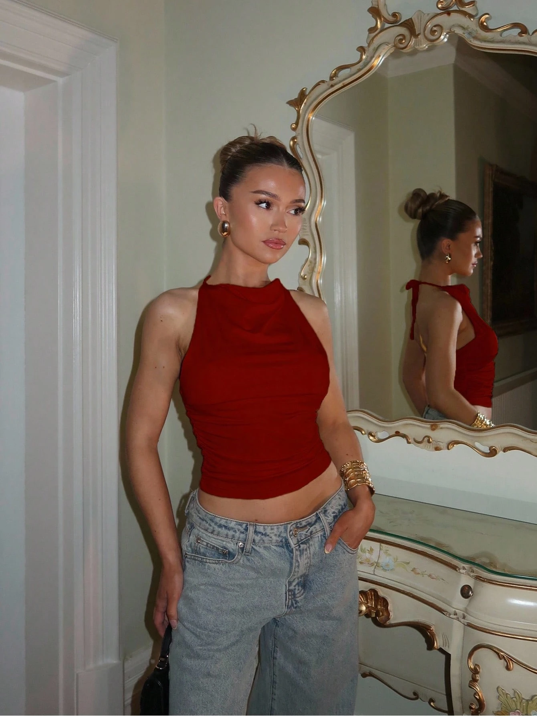 Red Halter Neck Tie-Back Fitted Top