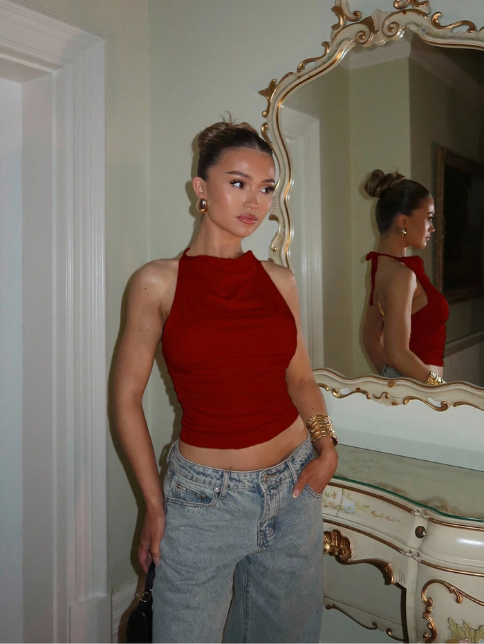 Red Halter Neck Tie-Back Fitted Top