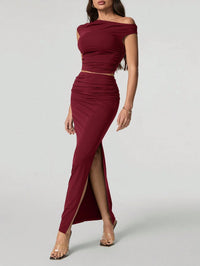 Wine Red One-Shoulder Ruched Co-Ord Maxi Dress