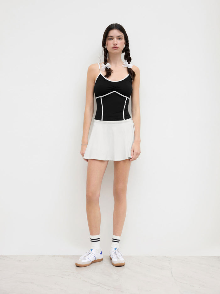 Women's Black & White Contrast Piping Ruched Cami Top