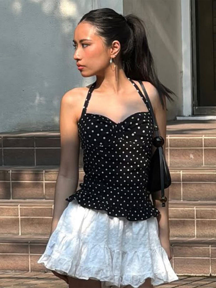 Black Polka Dot Halter Neck Bustier Peplum Top