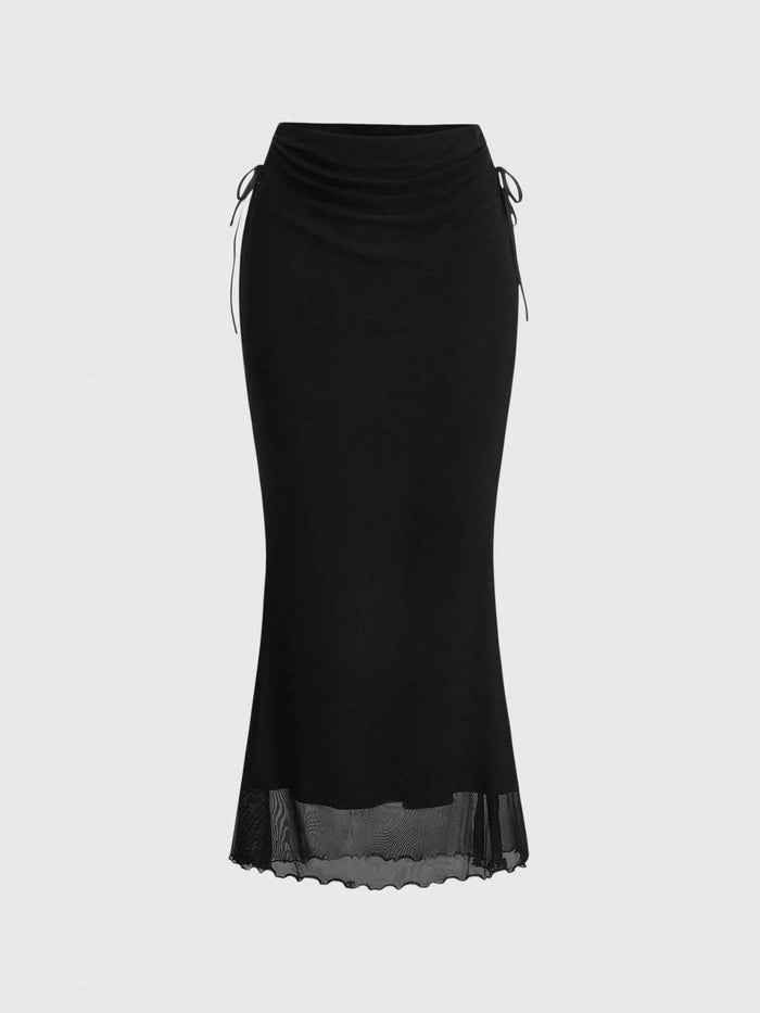 Black Ruched Waist Maxi Skirt with Sheer Hem