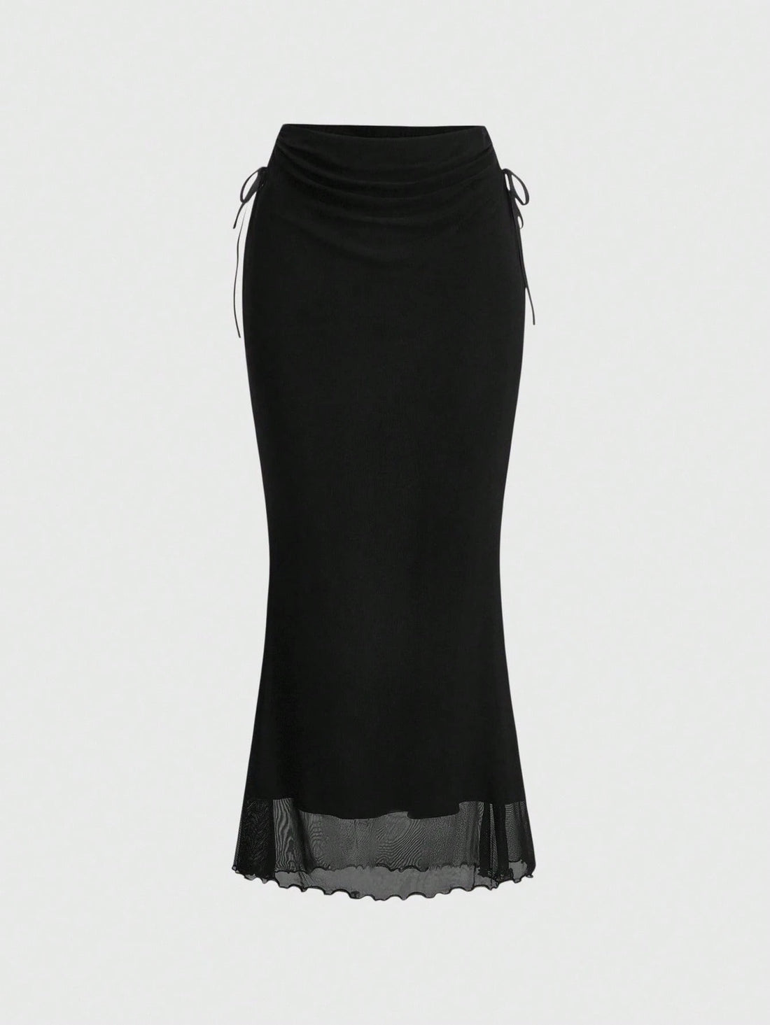 Black Ruched Waist Maxi Skirt with Sheer Hem