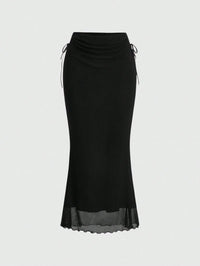 Black Ruched Waist Maxi Skirt with Sheer Hem