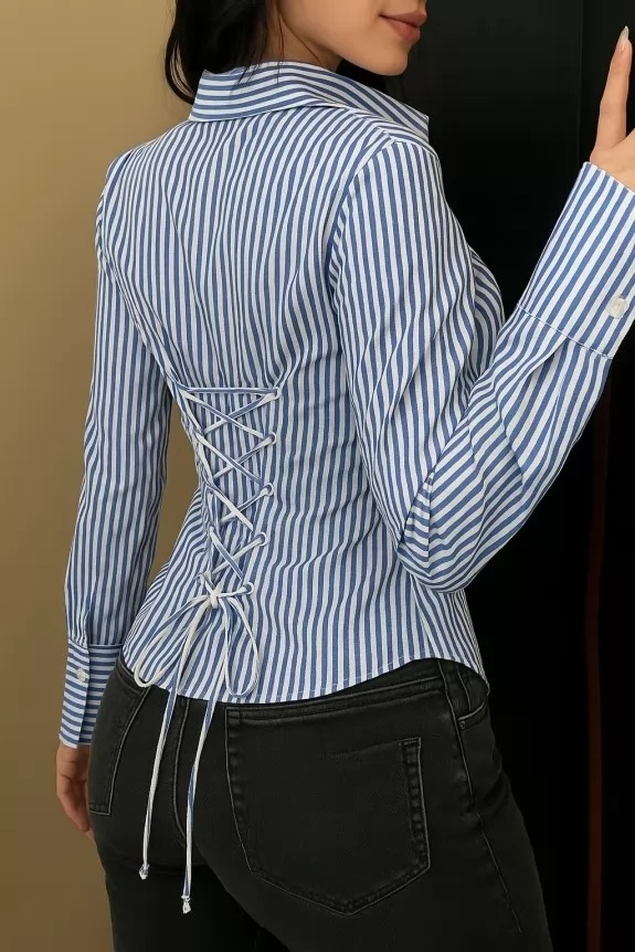 Women's Blue & White Striped Corset Back Shirt