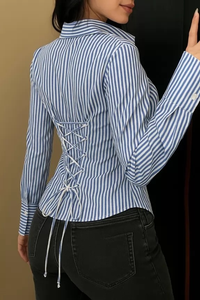 Women's Blue & White Striped Corset Back Shirt