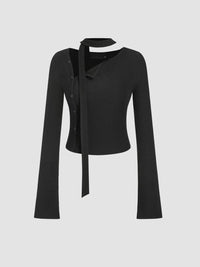 Asymmetrical Neck Solid Button Long Sleeve Top With Scarf