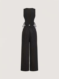 Black Pinstripe Co-Ord Set with Corset Style Top & Wide Leg Pants