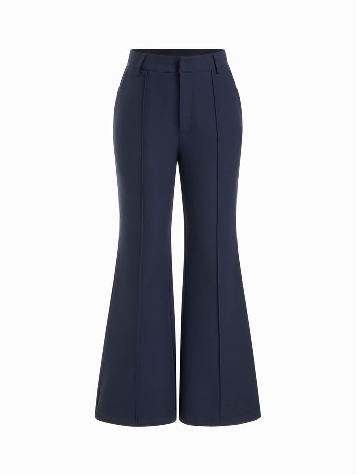 Navy High-Waist Pintuck Flare Trousers