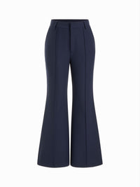 Navy High-Waist Pintuck Flare Trousers