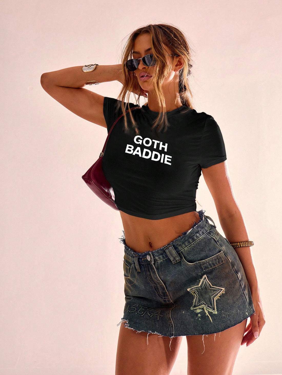 Black "Goth Baddie" Printed Crop T-Shirt for Women