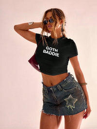 Black "Goth Baddie" Printed Crop T-Shirt for Women