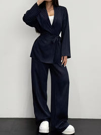 Women's Navy Pinstripe Wrap Blazer & Wide-Leg Trouser Co-Ord Set