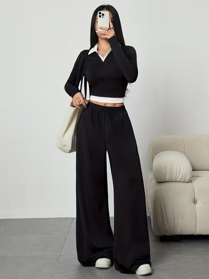 Black Contrast Trim Long Sleeve Cropped Polo & Wide Leg Trouser Co-ord Set
