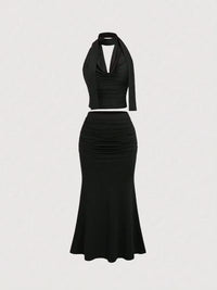 Women's Black Halter Neck Top & Ruched Mermaid Skirt Co-Ord Set