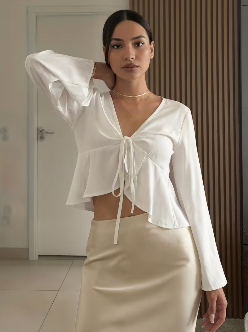 Women's White Tie-Up Front Flowy Crop Shirt