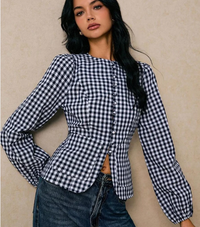 Navy Gingham Fitted Button-Front Top