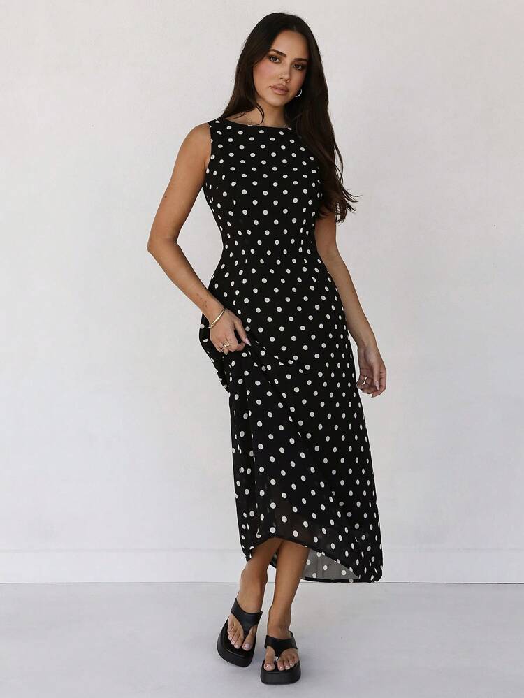 Women Black Polka Dot Sleeveless Straight Fit Maxi Dress