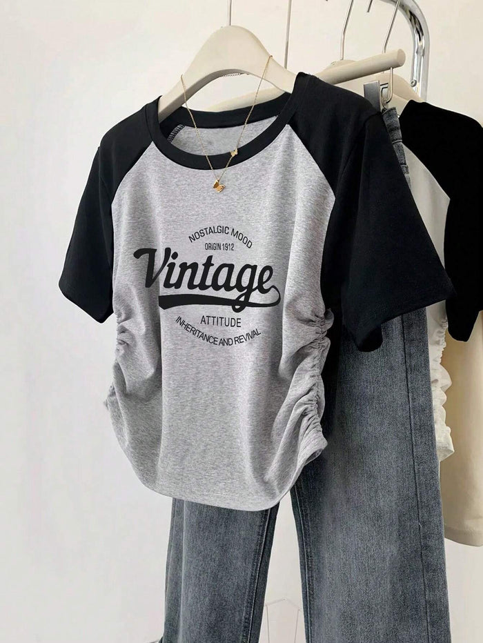 Grey & Black Raglan T-Shirt with Vintage Typography Print