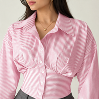 Blush Pink Striped Corset-Waist Shirt