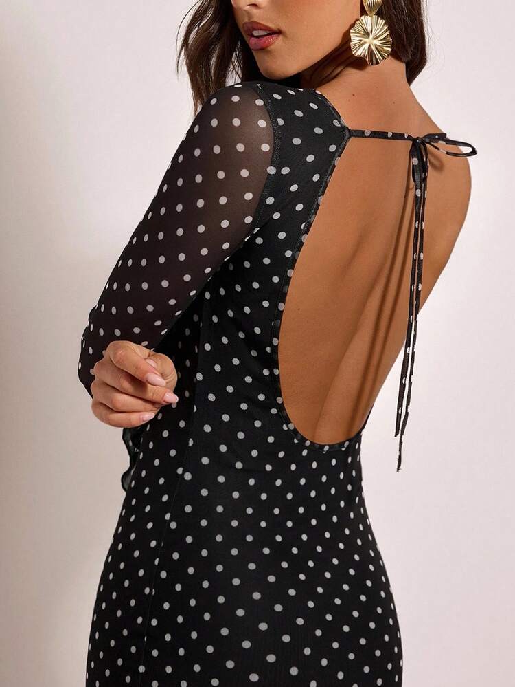 Women Black Polka Dot Backless Long Sleeve Maxi Dress