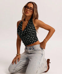 Black and White Polka Dot Cowl Neck Halter Top