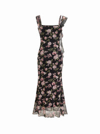 Black Floral Mesh Strap Bodycon Midi Dress with Ruffle Hem for Women