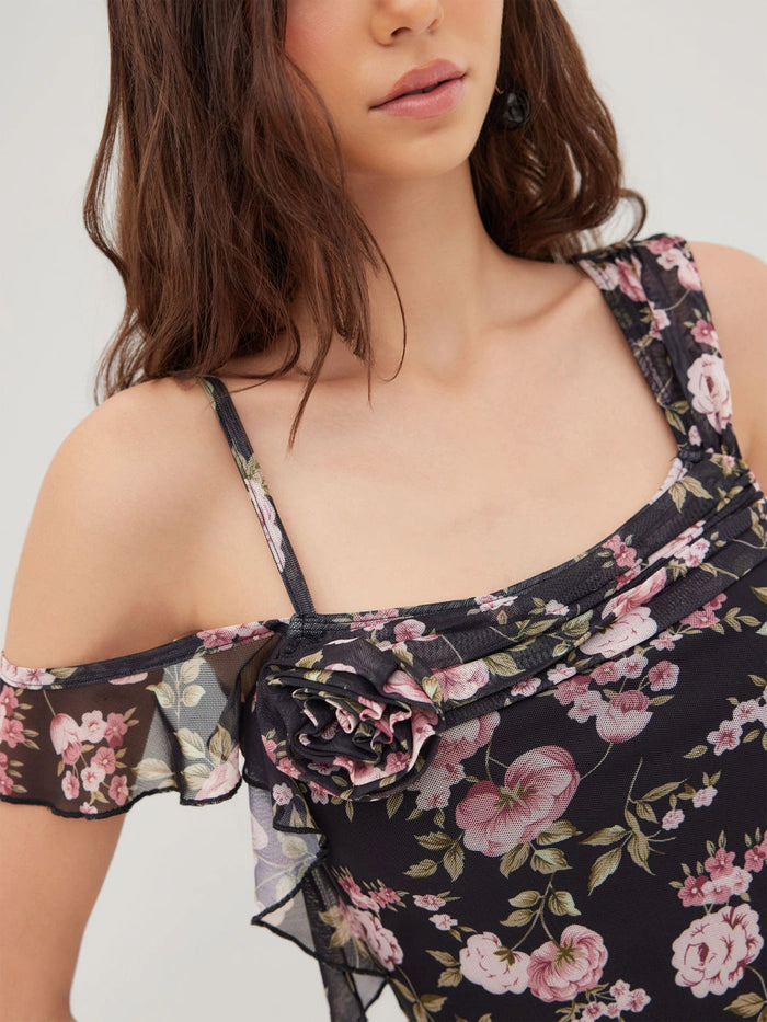 Black Floral Mesh Ruched Top with Straps and Ruffle Detail