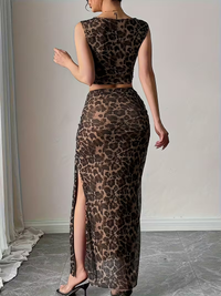 Leopard Print Mesh Co-Ord Set with Side Slit Skirt