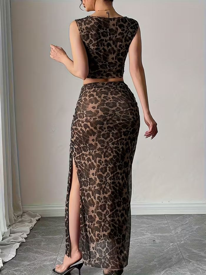 Leopard Print Mesh Co-Ord Set with Side Slit Skirt