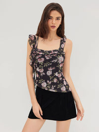 Black Floral Mesh Ruched Top with Straps and Ruffle Detail