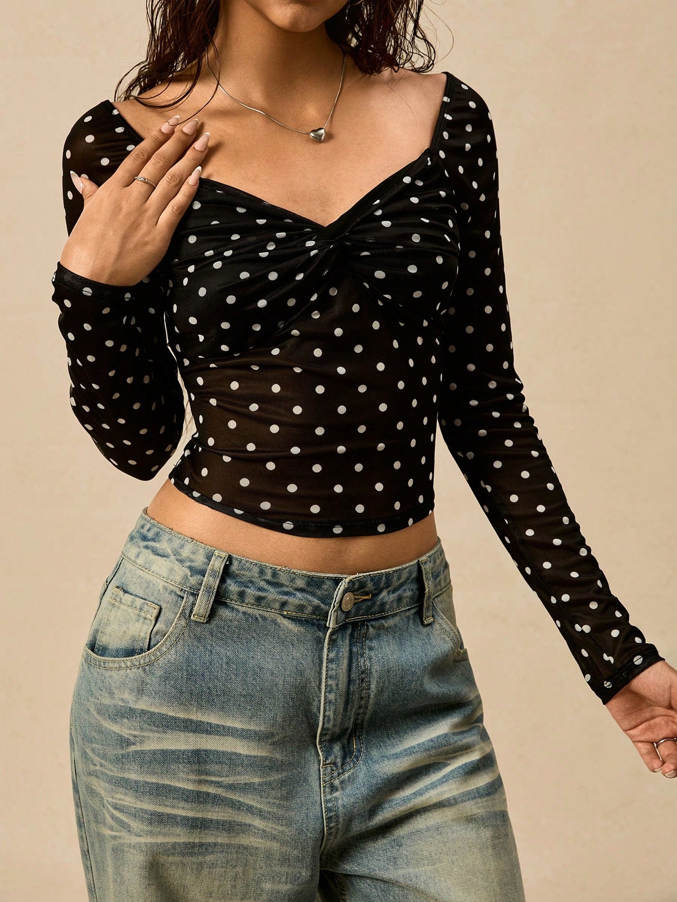 Women Black Polka Dot Twist Front Mesh Crop Top