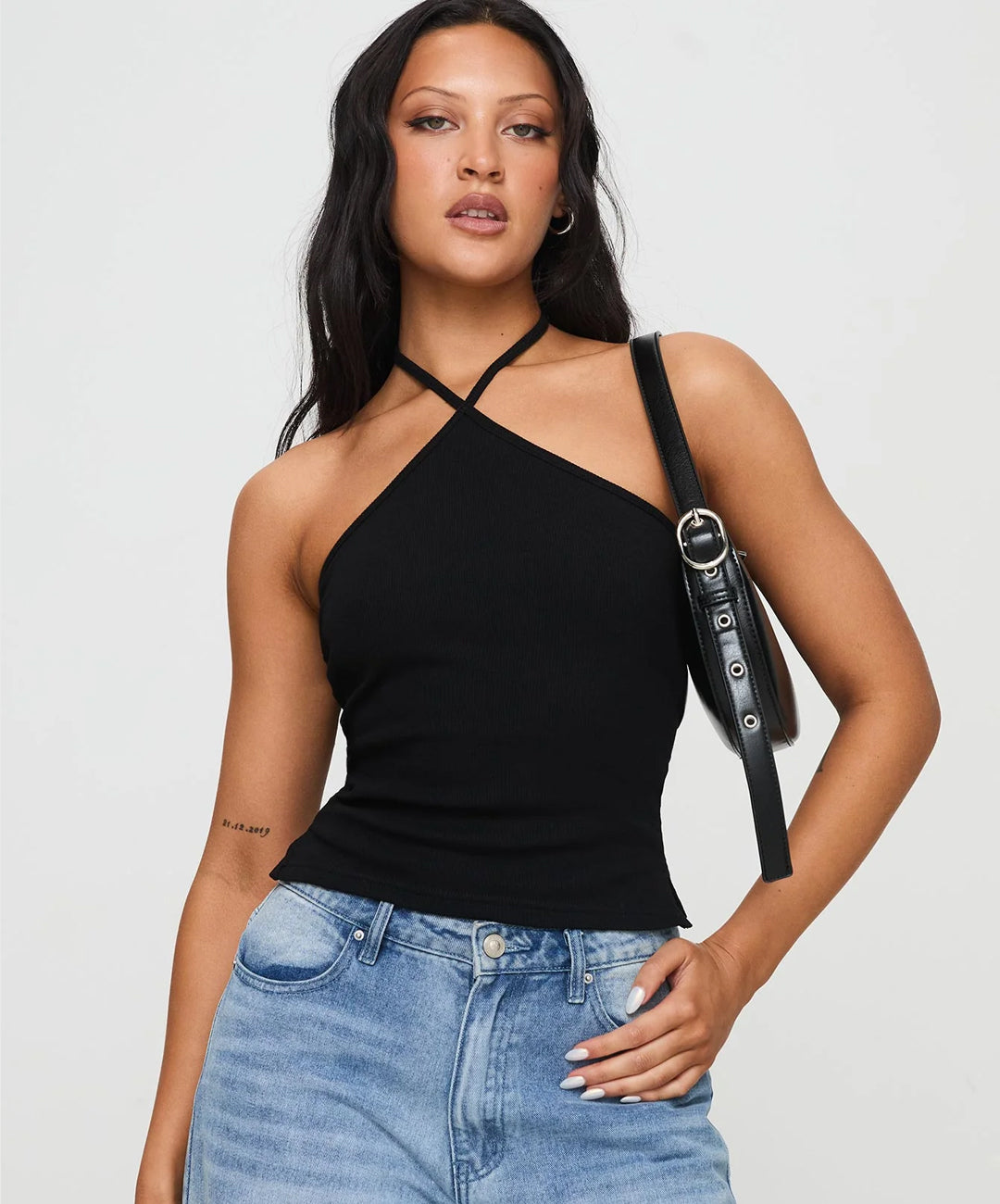 Black Ribbed Criss-Cross Halter Neck Crop Top