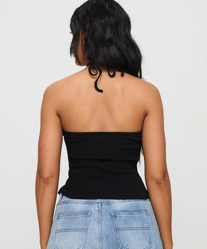 Black Ribbed Criss-Cross Halter Neck Crop Top