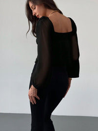 Women's Black Square Neck Sheer Bishop Sleeve Tie-Front Top