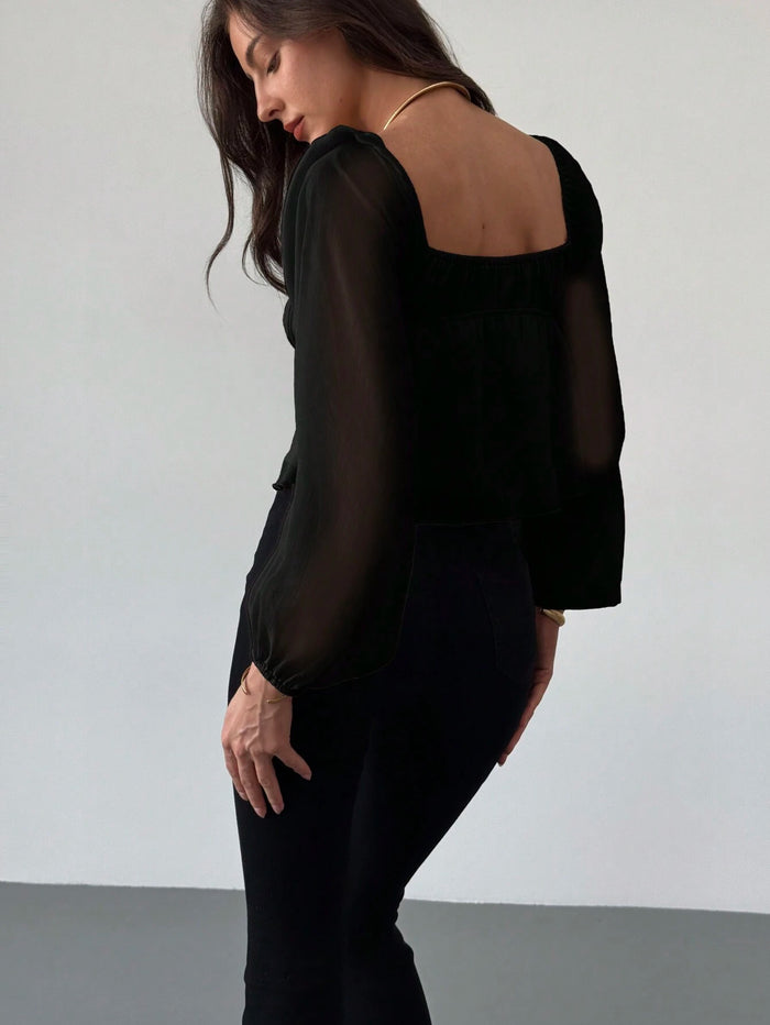Women's Black Square Neck Sheer Bishop Sleeve Tie-Front Top