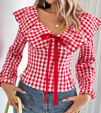 Cherry Gingham Ruffle Bow Top