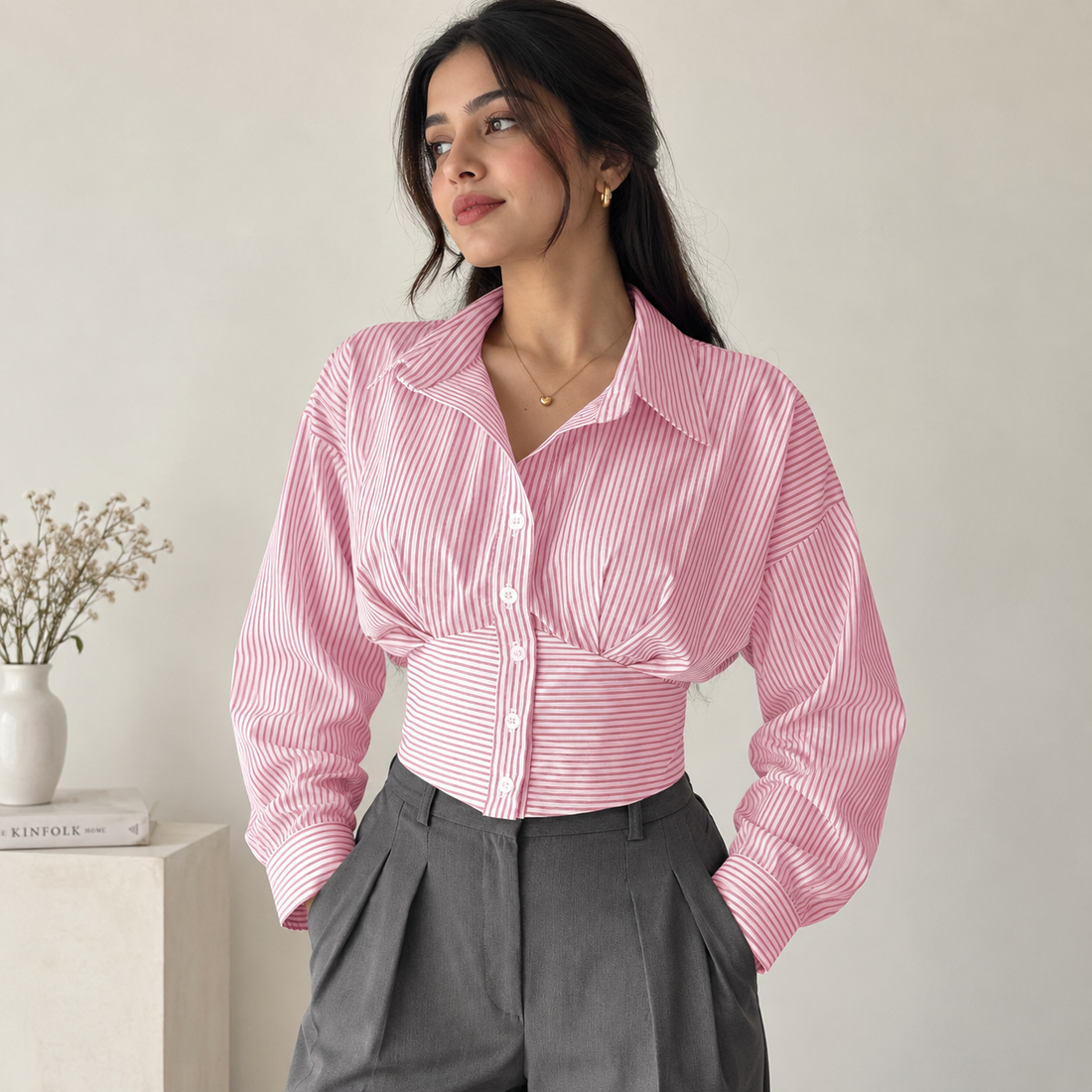 Blush Pink Striped Corset-Waist Shirt