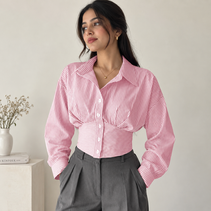 Blush Pink Striped Corset-Waist Shirt