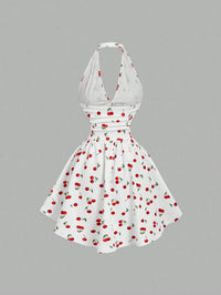 White Cherry Print Halter Neck Fit & Flare Mini Dress for Women