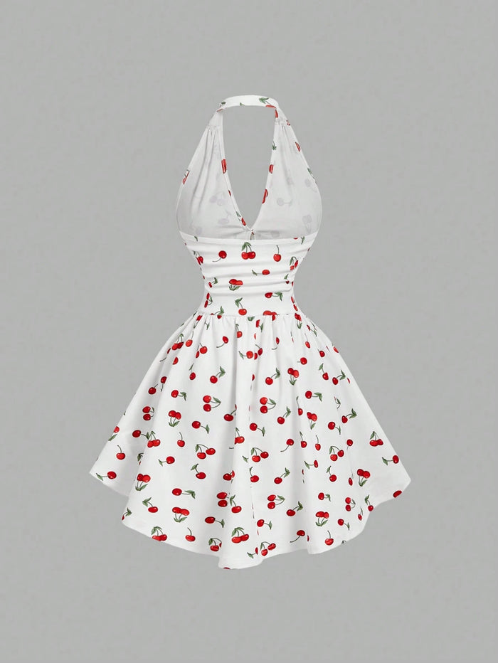 White Cherry Print Halter Neck Fit & Flare Mini Dress for Women