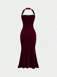Burgundy Velvet Halter Neck Ruched Maxi Dress