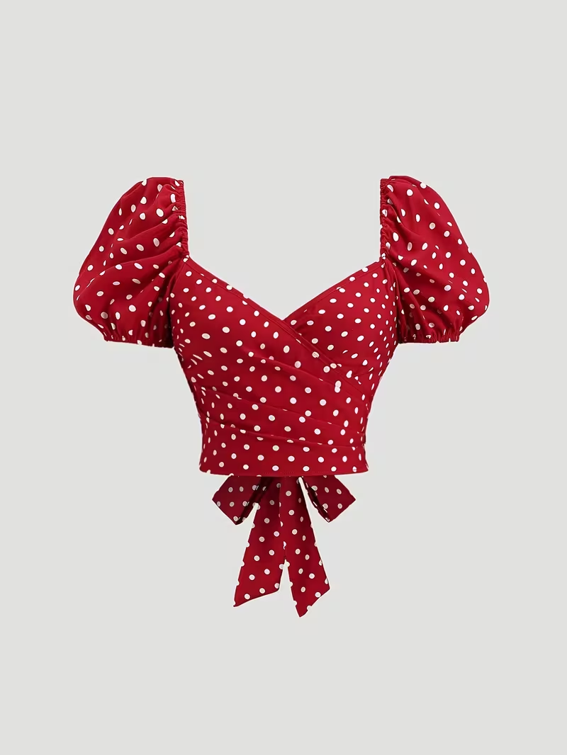Red Polka Dot Puff Sleeve Tie-Back Crop Top