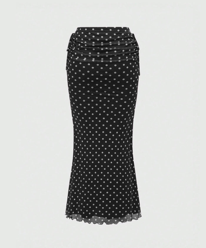 Polka Dot Mesh Maxi Skirt with Ruched Waistband