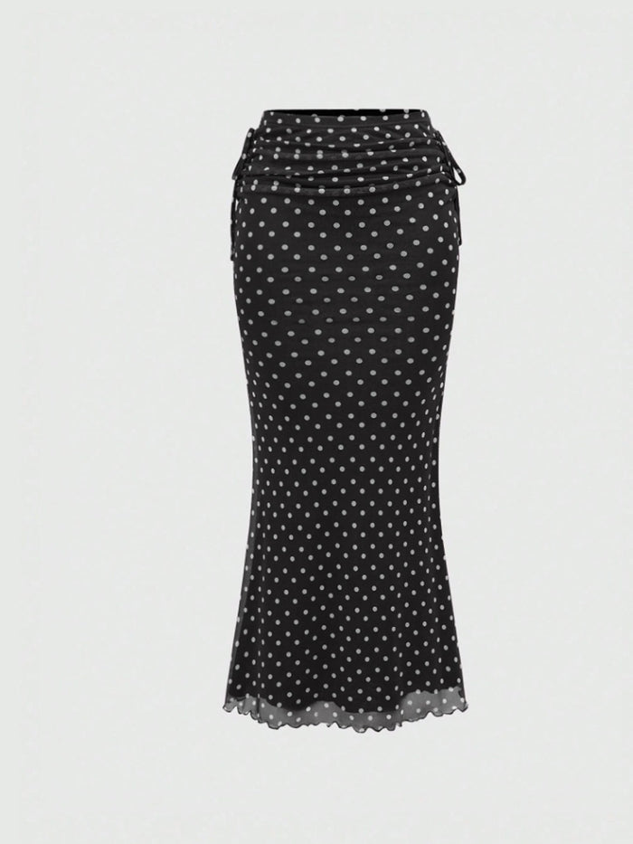 Polka Dot Mesh Maxi Skirt with Ruched Waistband