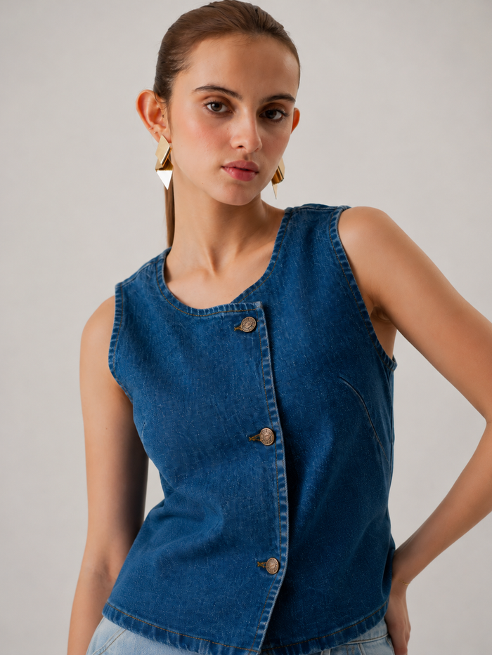 Asymmetric Denim Button-Up Top - image 1