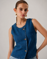 Asymmetric Denim Button-Up Top
