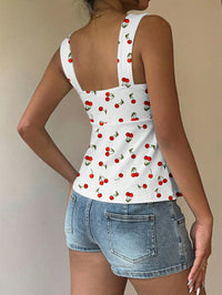 Women's White Cherry Print Ruched Peplum Top – Sweetheart Neck Summer Sleeveless Blouse