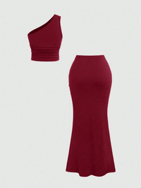 Wine One-Shoulder Ruched Co-Ord Set